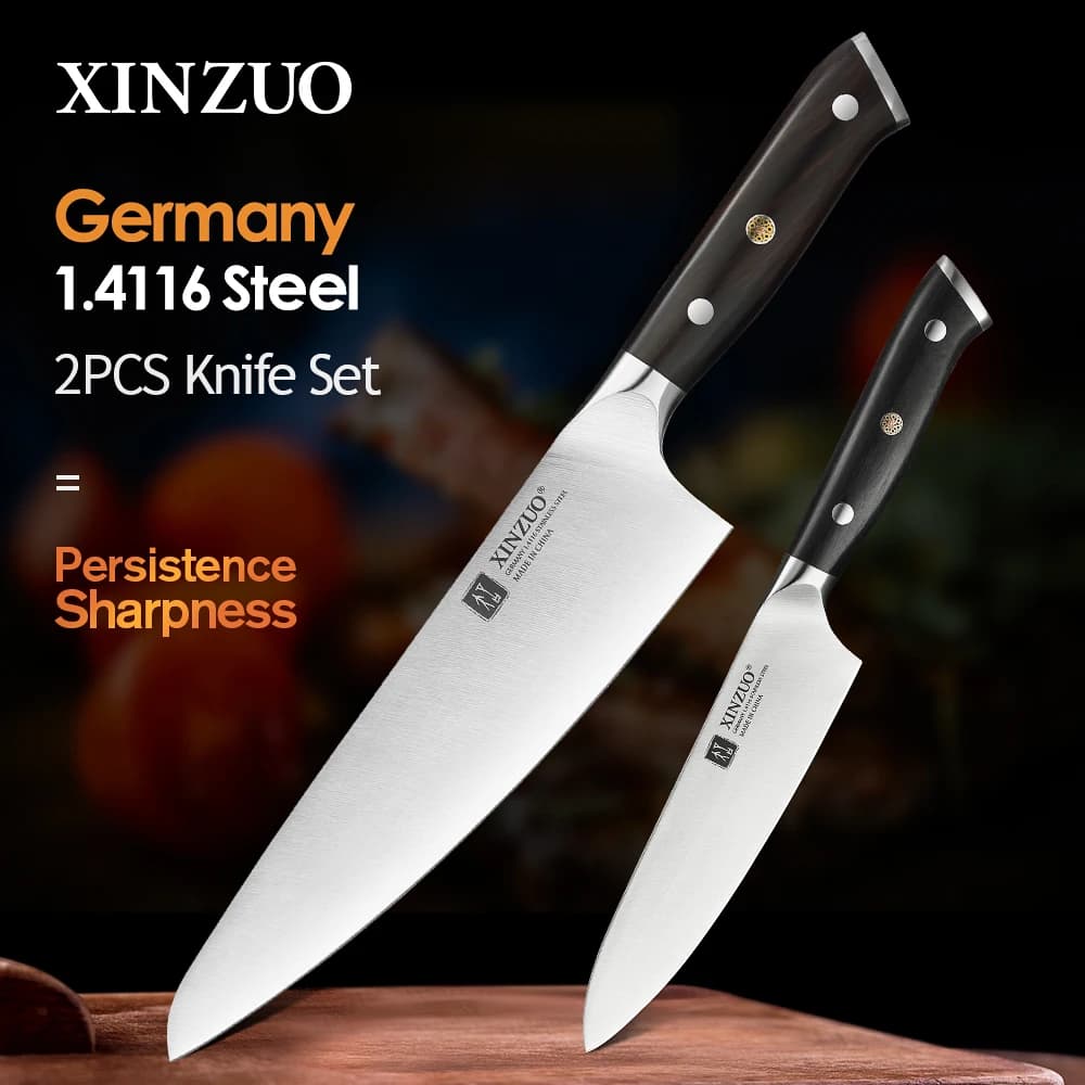 XINZUO 2 pezzi Coltelli Set Alto tenore di carbonio Germania 1.4116 Acciaio inossidabile ad alto tenore di carbonio Chef Piccoli coltelli Strumenti di cottura domestica Manico in ebano