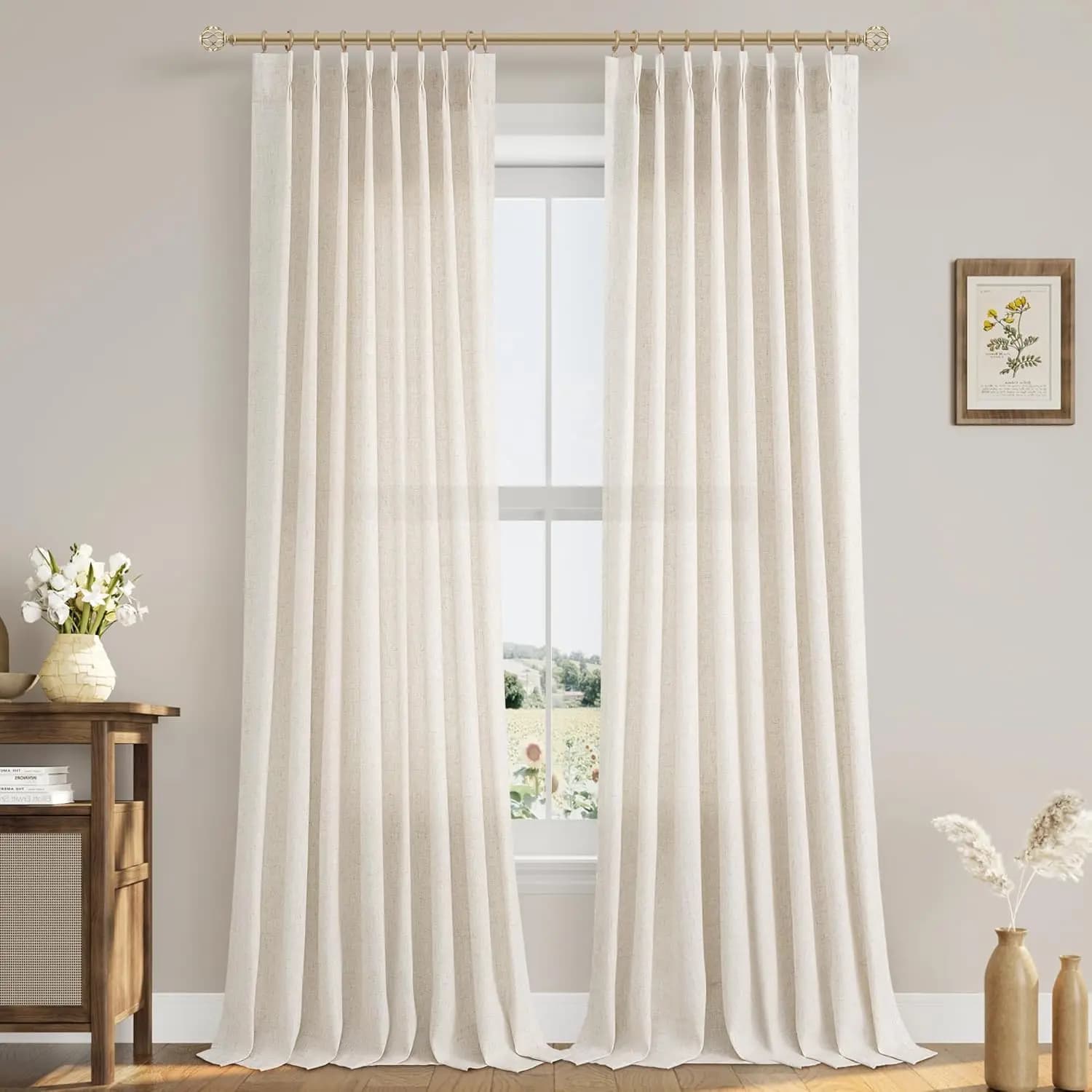 Natural Pinch Pleat Linen Curtains 120 Inch Length 2 Panels Set for Bedroom Dining Room Semi Sheer Neutral Window Curtains 120