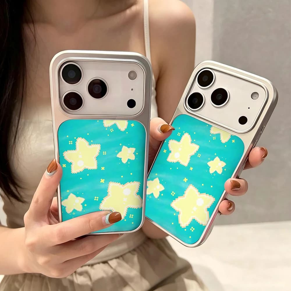 Clmj Teal Yellow Star Print Phone Case for iPhone 17 16 15 14 13 12 11 Air Pro Max Plus Electroplated Drip Glue