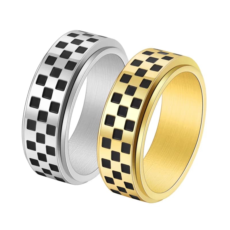 Anello Fidget a quadretti - Gioielli con spinner rotante in acciaio inossidabile placcato oro 18 carati, regalo per alleviare l'ansia e lo stress per donne e uomini