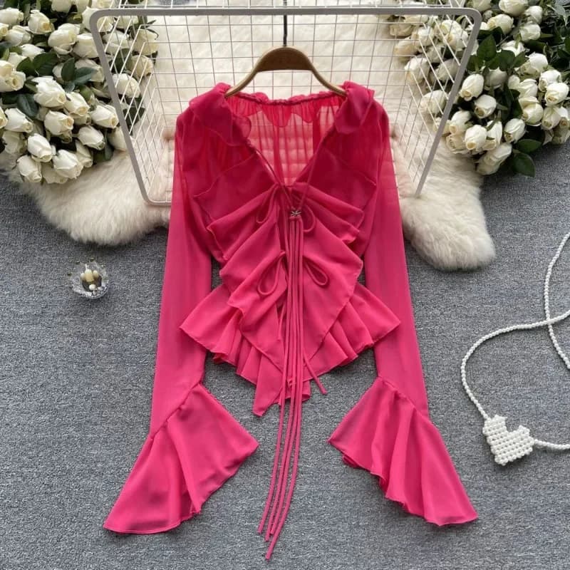 Cardigan with sunscreen Women's Design Sense Chiffon Shirt with Uneven Sleeves New Women's Sexy blouses with Colorful V-neck