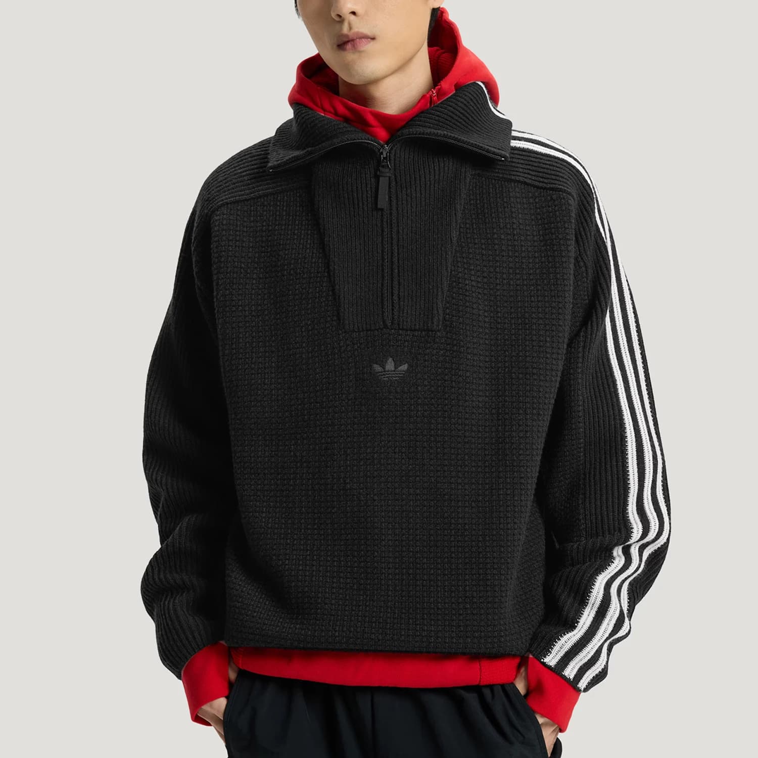 Felpa con cappuccio Adidas Authentic Three Leaves da uomo e da donna, con mezza zip, in maglia ampia, KS5340