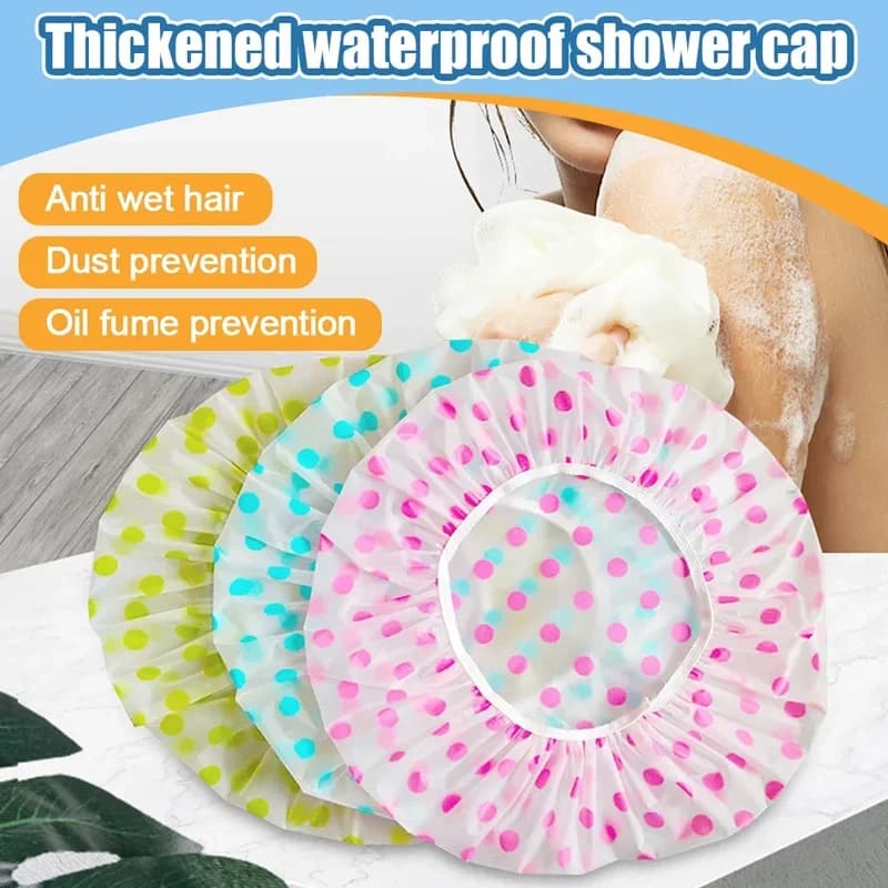 Set of 3 Shower Hats for Women, Waterproof with Elastic Largo, Reusable, Pois Design, Bathroom Accessories
