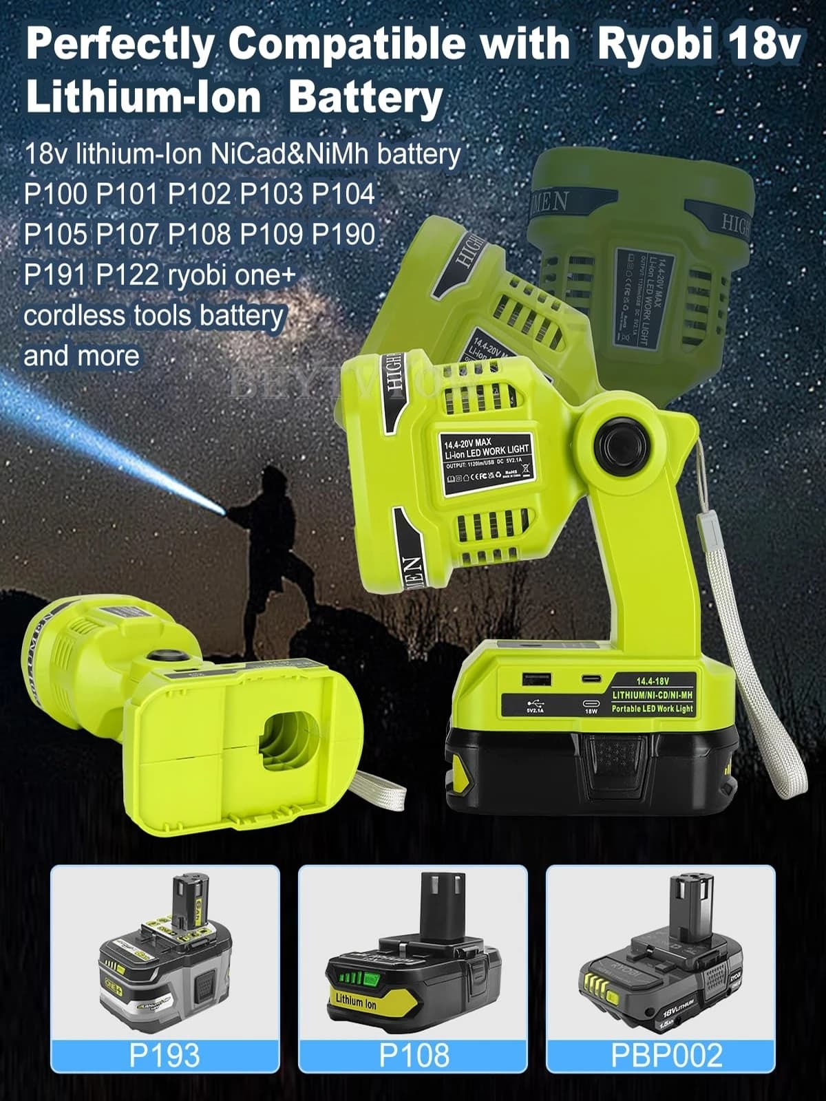 1120LM Portable LED Flashlight for Ryobi 18V Battery with USB-A/C 2.1A Fast Charging Ports LED Work Light Floodlight Spotlight