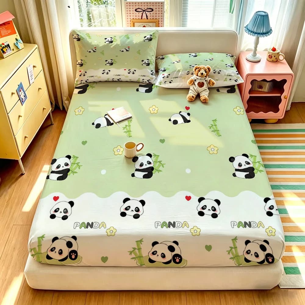 3PCS Cartoon Panda Bamboo Flower Bedding Set,1 Duvet Cover+2 Pillowcases,No Filling,Soft Comfortable Fabric,Machine Washable