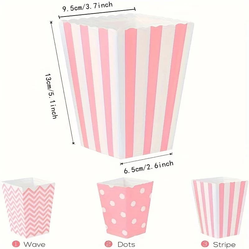 12 pezzi/pacco, scatole per popcorn di carta rosa, scatola di caramelle a pois a strisce per bomboniere, ideale per il carnevale del cinema a casa