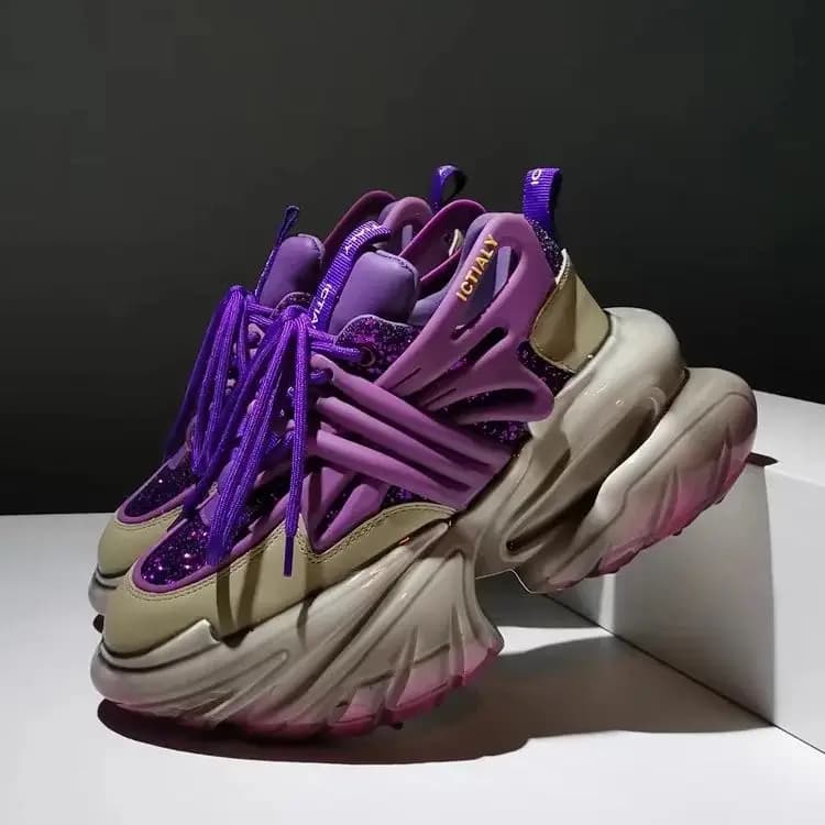 Scarpe da ginnastica da donna con paillettes Piattaforma in vera pelle Fondo spesso Scarpe robuste Aumento di altezza Moda casual Tacchi alti Verde Viola