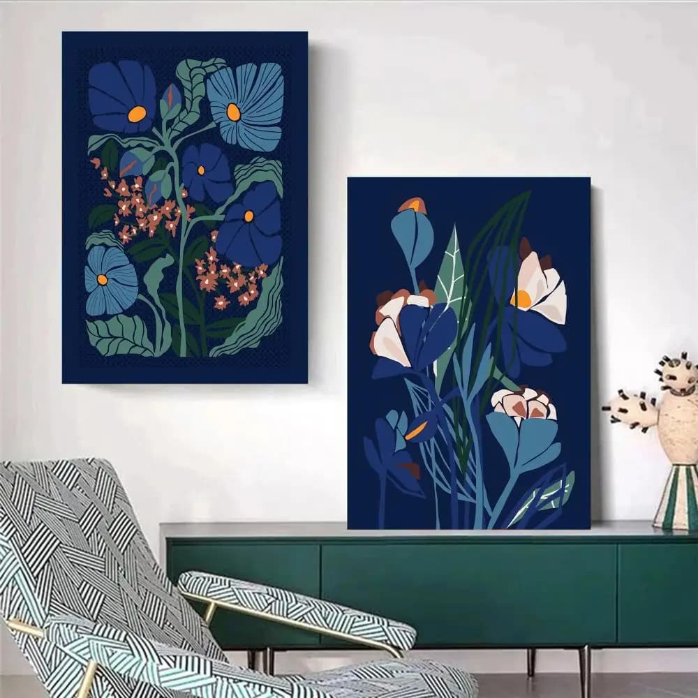 Klimts flowers dark blue Painting Calligraphy High quality Poster Canvas Wall Art For Office Restaurant Home Decoration Set