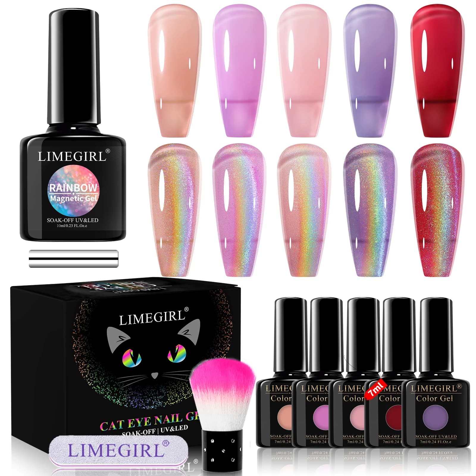 LIMEGIRL Set di smalti gel UV magnetici colorati Cat Eye Nail Art Glitter Gel Smalto semipermanente Soaking Gel UV Smalto