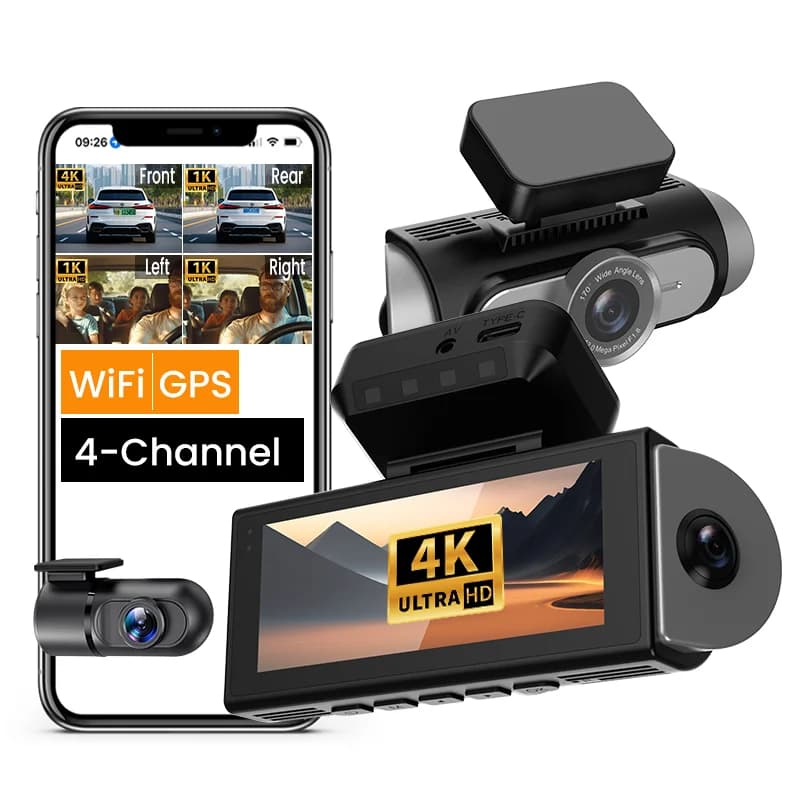 Registratore Video DVR per Auto WiFi GPS 2026 con Obiettivo Fisheye 360 ° Telecamera da cruscotto panoramica 4 canali 4K 2160P con monitoraggio parcheggio 24H e visione notturna super potenziata