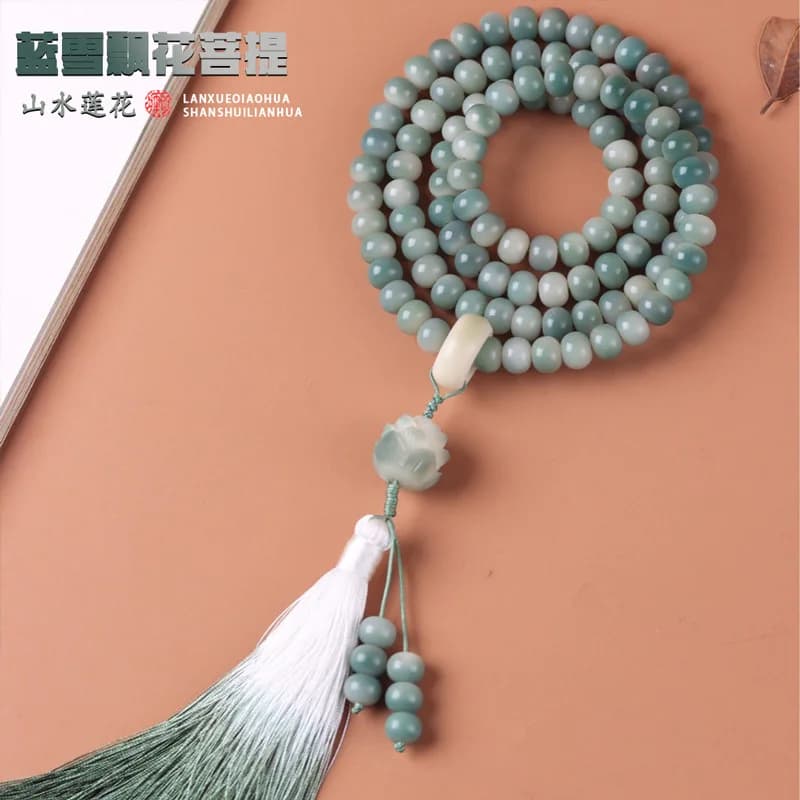 Bracciale con radice di giada bianca lucida, sfumatura stagionata, semi di Bodhi, cerchio, neve blu, fiore galleggiante, portatile, multi