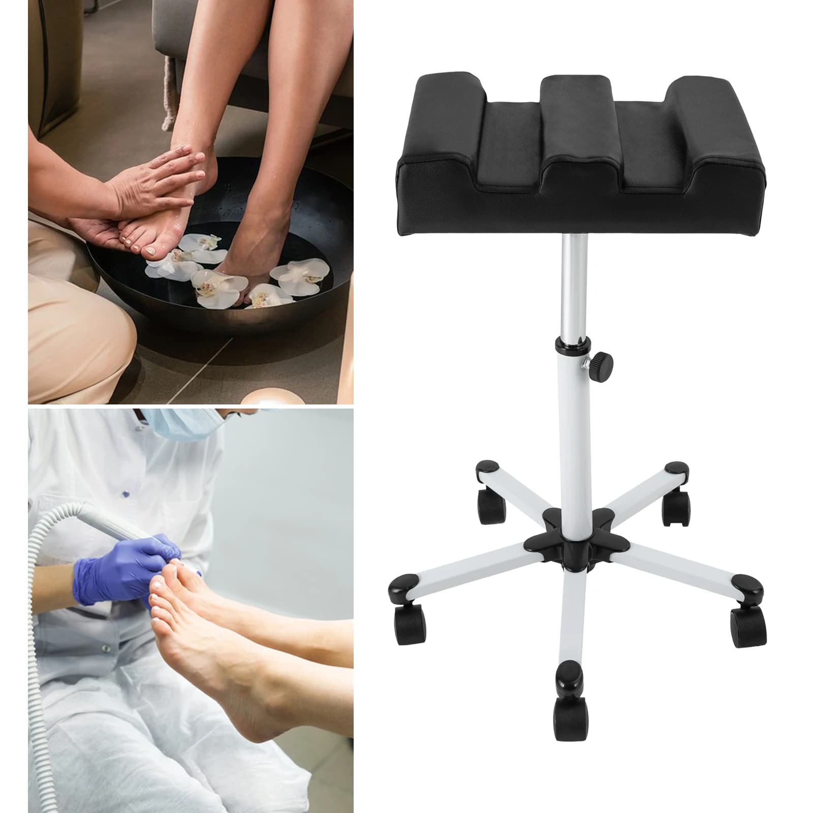 Sgabello Regolabile Nero per Pedicure con Ruote Universali, Altezza 50-70cm, Portata 5kg, Poggiapiedi Rettangolare per Manicure