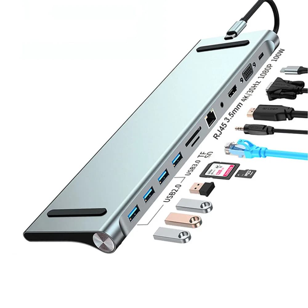 HUB di tipo C con adattatore per caricabatterie PD da 100 W HDTV 1080P 4K RJ45 Ethernet Disco USB Lettore di schede Micro SD TF per prolunga USB per notebook