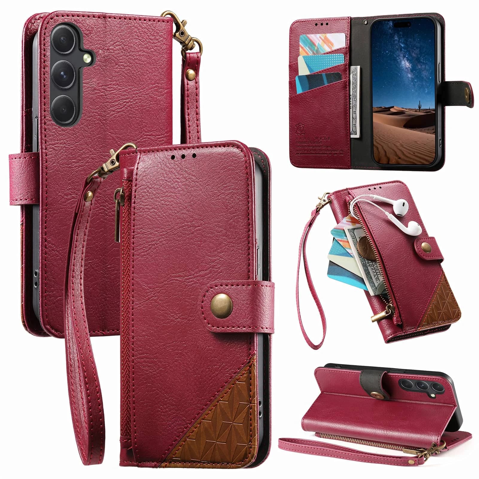 Custodia a Portafoglio per Samsung Galaxy A57 A56 5G A54 A53 A52 A51 A71 4G A50 A30S, con Blocco RFID, 3 Scomparti per Carte, Funzione Cavalletto e Cinturino da Polso