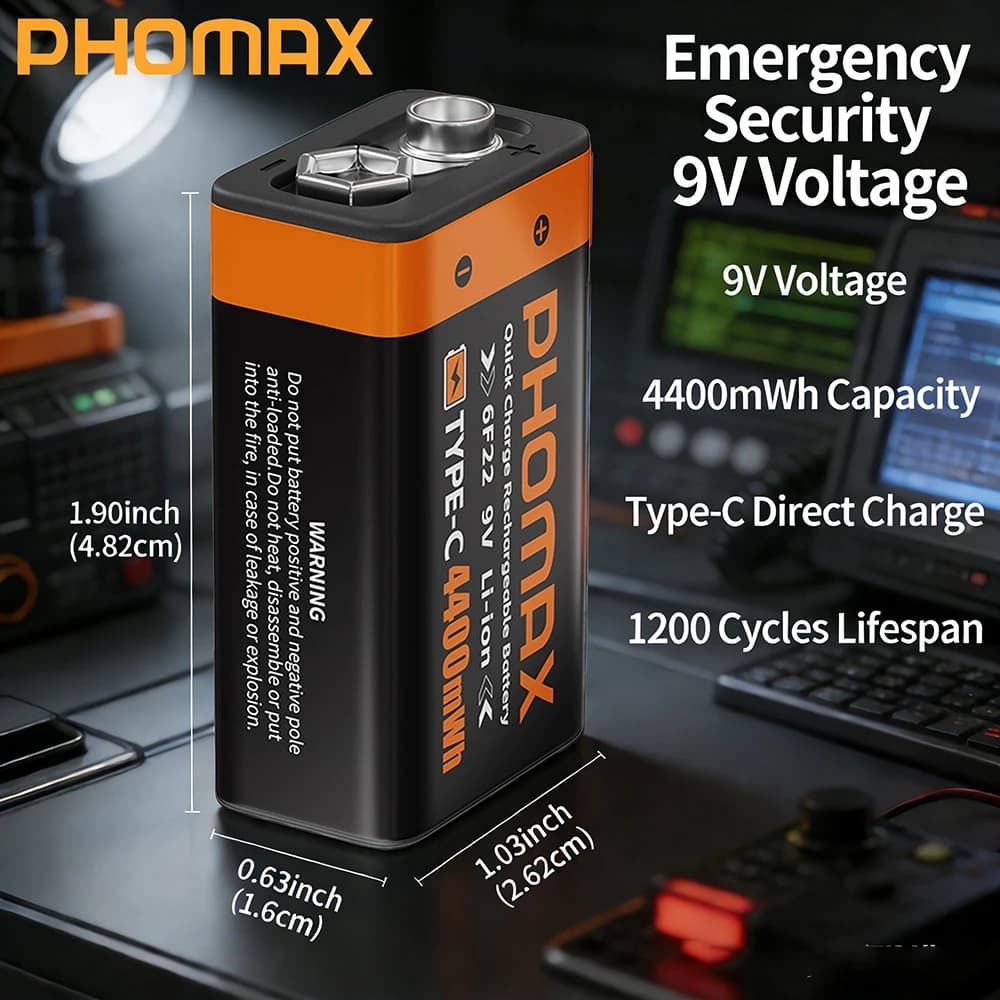Batteria ricaricabile agli ioni di litio PHOMAX 9V 4400mWh con porta Type-C per multimetro, microfono, giocattoli, telecomando, rilevatore di fumo