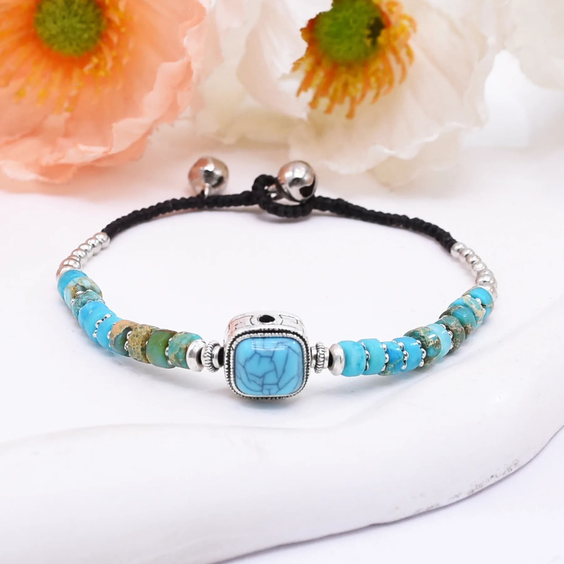Tibetan-style Ethnic-inspired Woven Alloy Bells Imitation Turquoise Bracelet Vintage Nepalese-style Delicate Wrist Chain