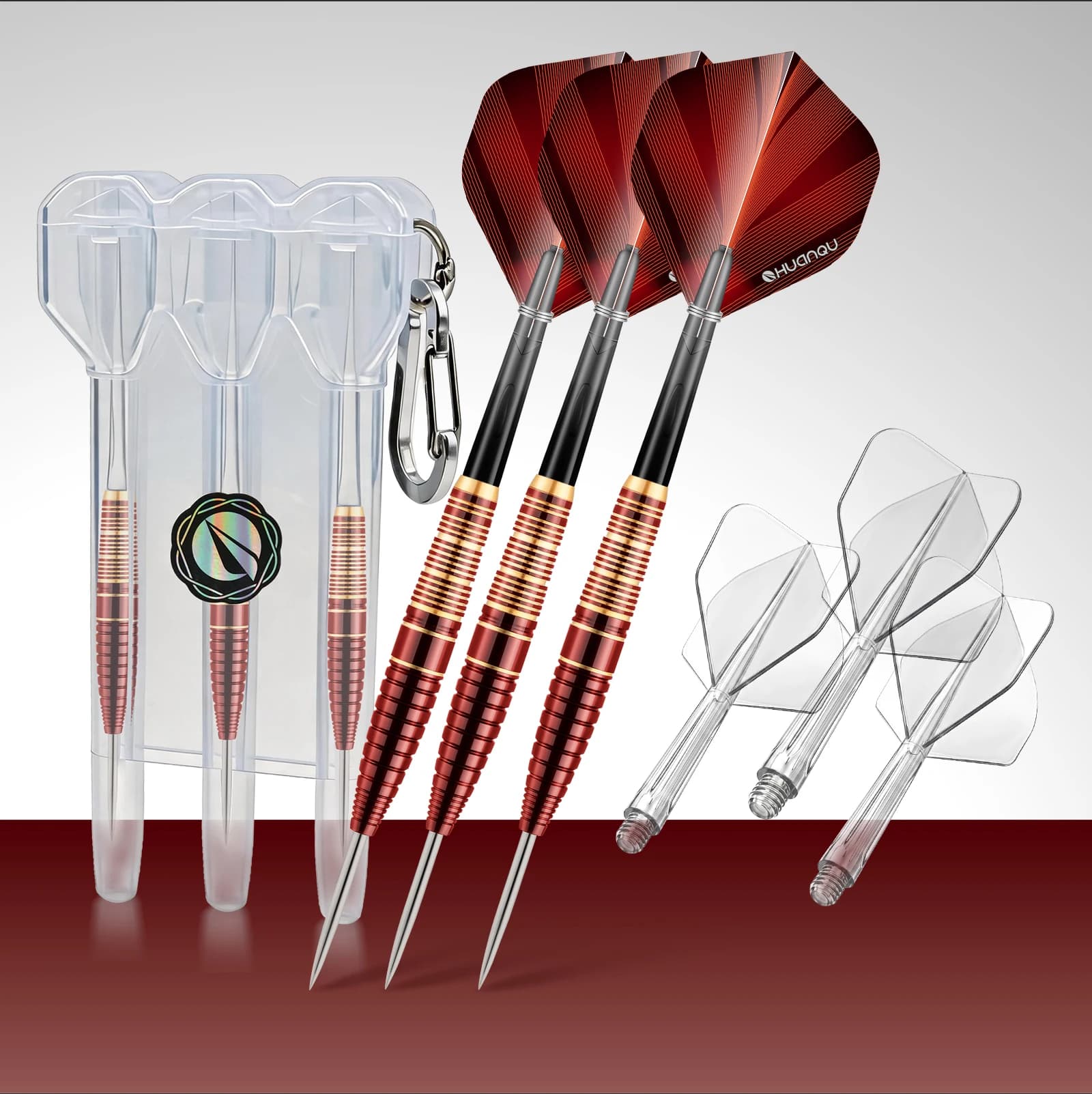 HUANQU 3Pcs Steel Tip Darts Set Professional Brass Barrels Integrated Flights Shafts Carry Case Flight Protectors