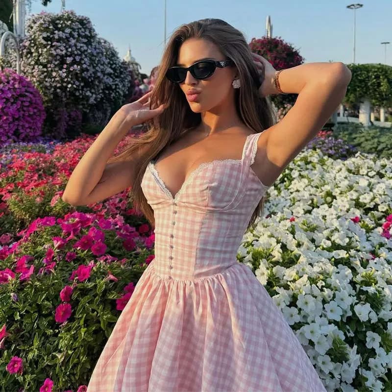 YENKYE Mini abito sexy elegante con fionda rosa per le donne Abiti da vacanza estivi sottili con finiture in pizzo Abiti da laurea Abiti da damigella d'onore