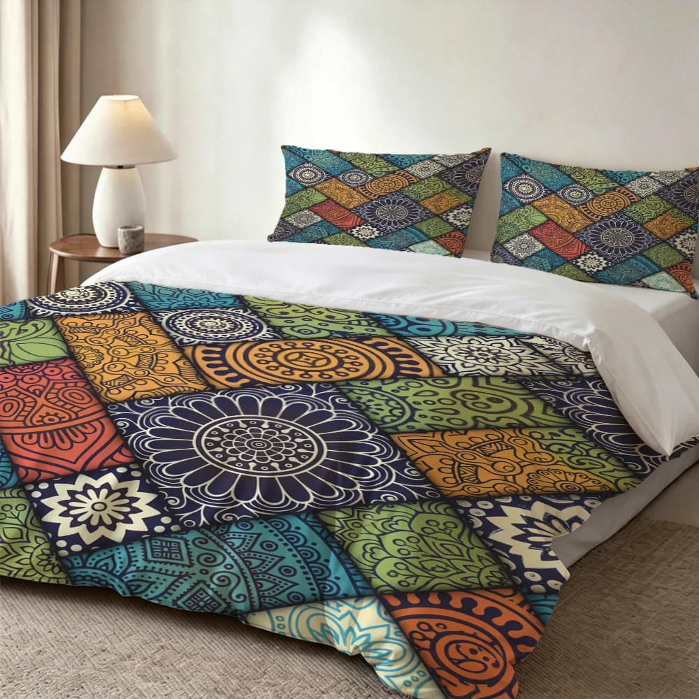 Set di biancheria da letto con stampa digitale ad alta definizione, set copripiumino con motivo geometrico mandala in stile etnico, set copripiumino con stampa floreale di grandi dimensioni, include 1 copripiumino + 2 federe, adatto per camera da letto, camera degli ospiti, decorazioni per la casa, set copripiumino + federa in fibra di poliestere, set tre pezzi, biancheria da letto ultra morbida, tessuto spesso, adatto a tutte le stagioni, lavabile in lavatrice, 3 pezzi
