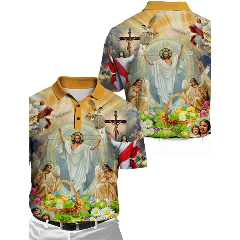 Polo da Golf da uomo 3d Print Easter Jesus Graphic Turndown Polo per uomo maniche corte Button Down Casual Tee Tops