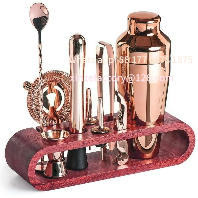 Set di shaker per cocktail da 10 pezzi con finitura in rame personalizzabile in acciaio inossidabile Accessori con cornice in legno