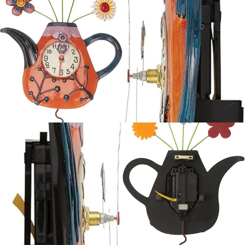 Orologio da parete analogico a pendolo alimentato a batteria, design teiera con fiori in resina di pietra, 12,4 per l'arredamento della casa e della cucina