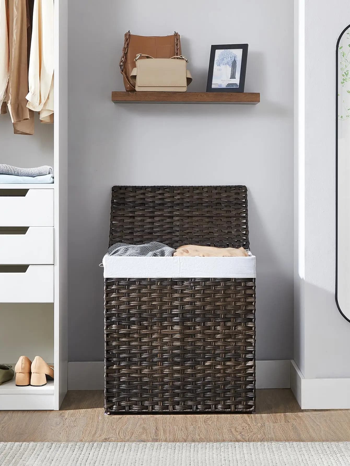 Cesto Portabiancheria con Coperchio, Cesto Portabiancheria da 110L con 2 Sacchi Rimovibili e 6 Sacchi in Rete, Cesto Portabiancheria in Vimini, Doppio L