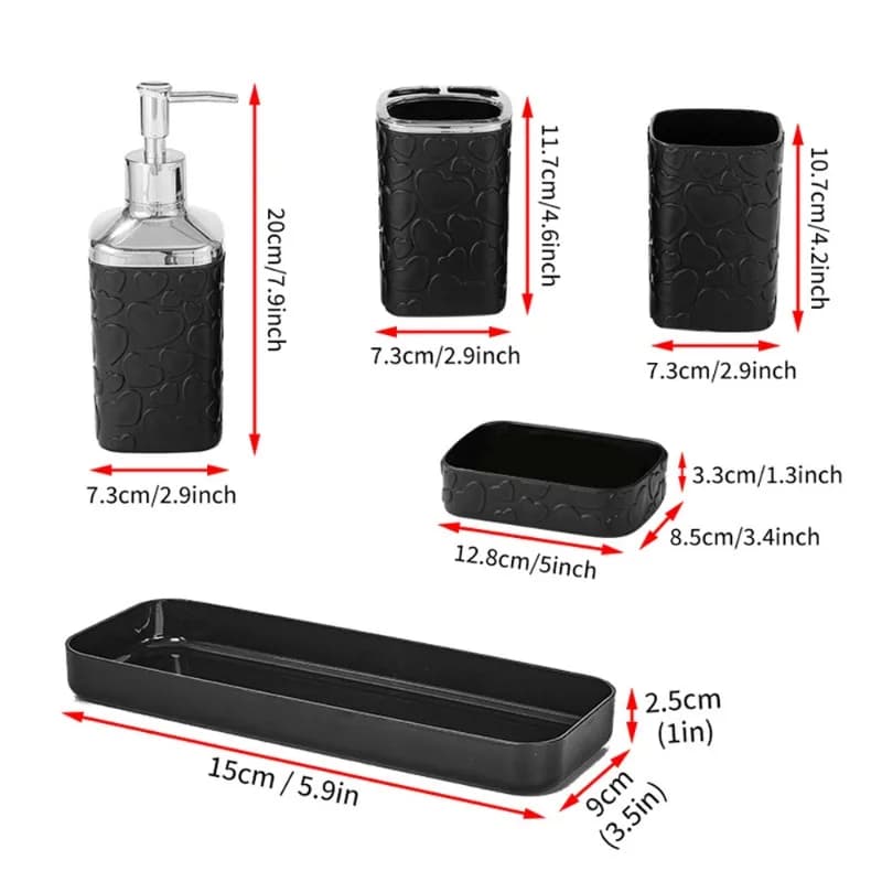 Vassoio modello nero Set da bagno in resina Portaspazzolino Dispenser di sapone Portasapone Set di accessori per il bagno Decorazioni per la casa 5 pezzi / set