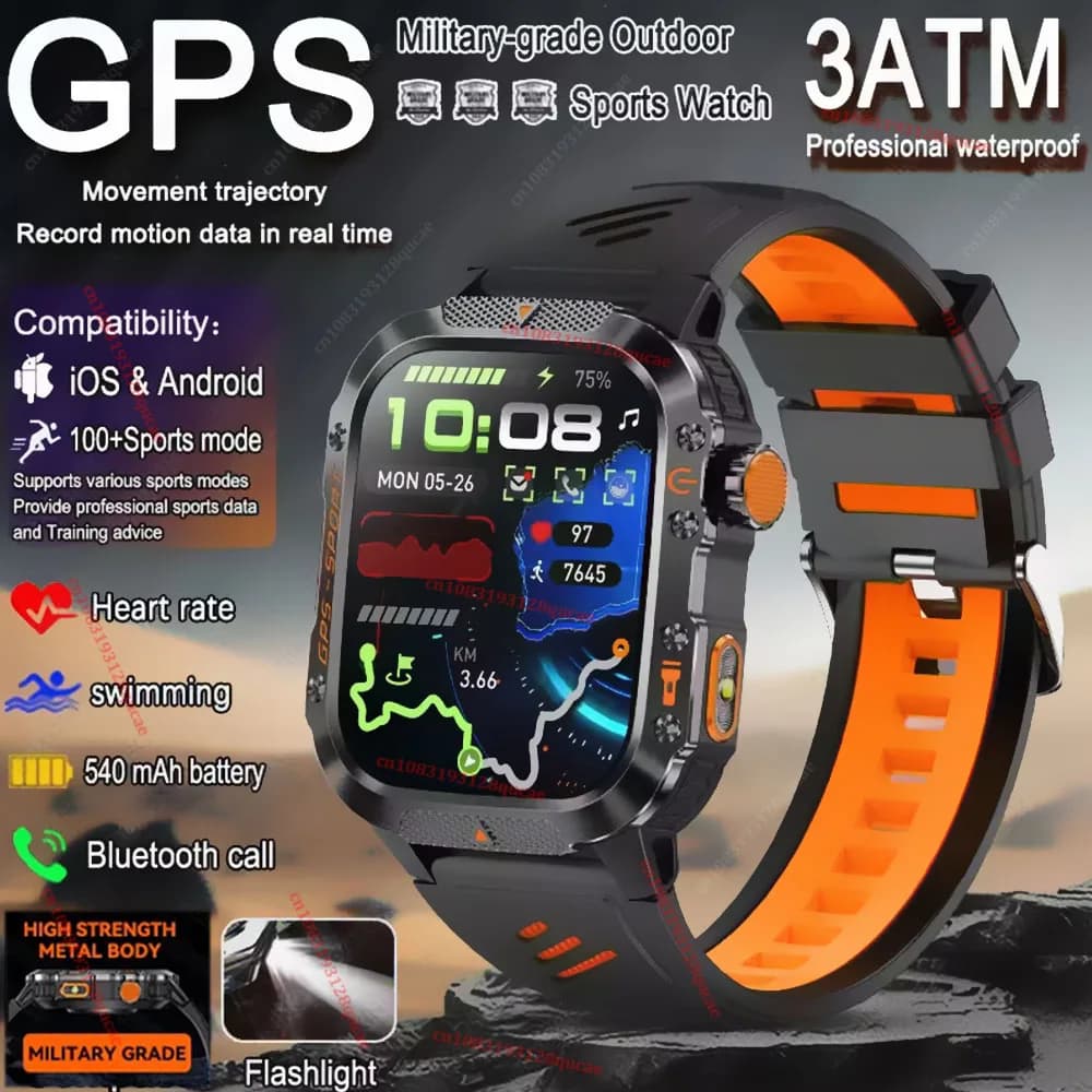 Smartwatch Militare da Esterno 2026 per Uomo con GPS, Torcia, Chiamate Bluetooth, Schermo AMOLED da 2.01", Impermeabile 3ATM, Orologio Sportivo Intelligente Hw12