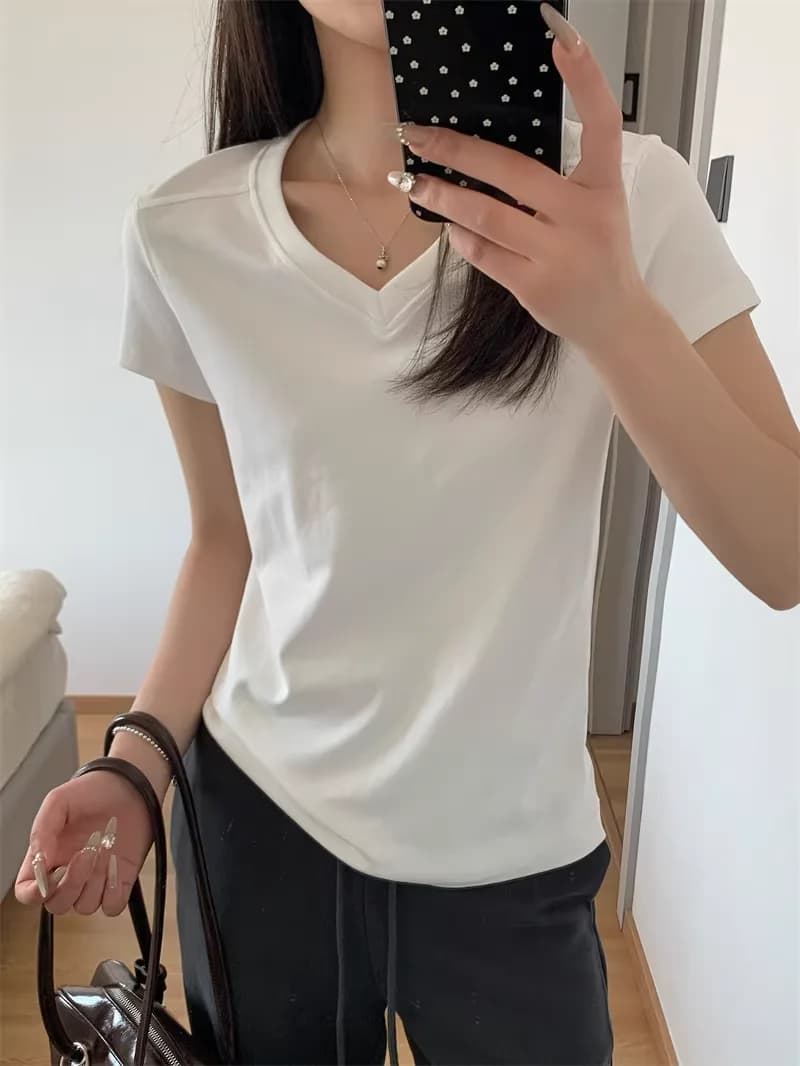 Hand Bi Creamy Cotton round Neck V Neck Short Sleeve T Shirt Women's Standard Fit Summer Casual Style Fashion Slimming Top