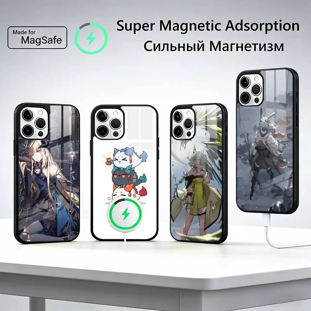 Custodia per telefono Game Arknights per iPhone 17, 16, 15, 14, 13, 12, 11 Plus, Pro magnetica con ricarica wireless MagSafe