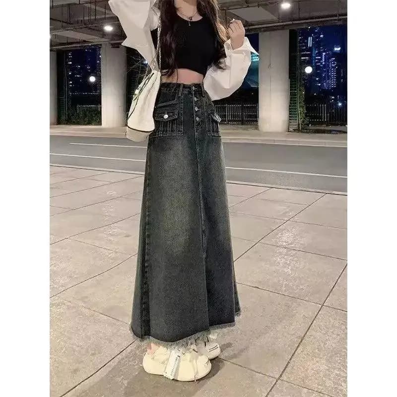 High Waist A-Line Midi Denim Skirt Women Summer Slimming Vintage American Design plus Size Cotton Blend Business Casual Skirt