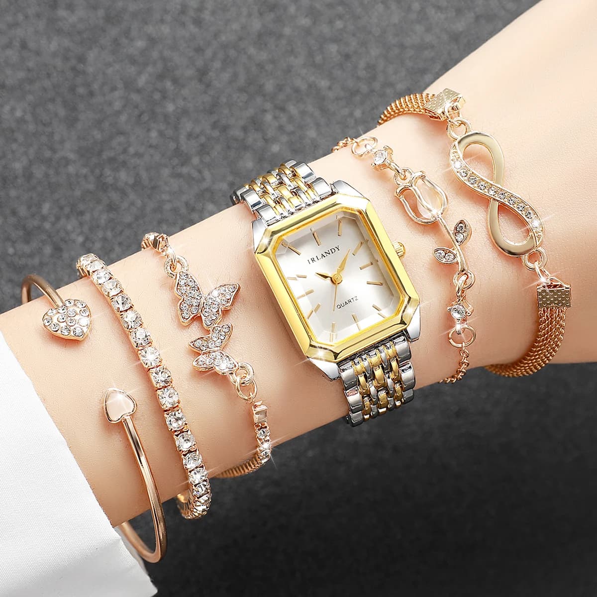 Set di 6 Eleganti Orologi da Donna Rettangolari, Orologio da Polso al Quarzo con Bracciali in Strass, Reloj Mujer (Senza Scatola)