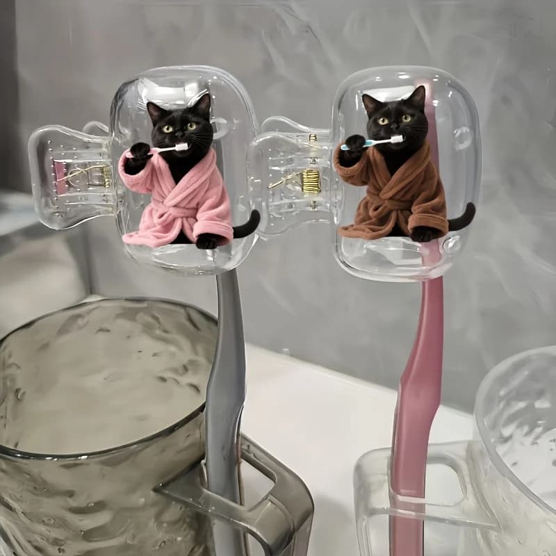 2pcs Black Cat in a Bathrobe Brushing Teeth Toothbrush Head Cover a Must-Have Bathroom Accessory for Home and Business Travel