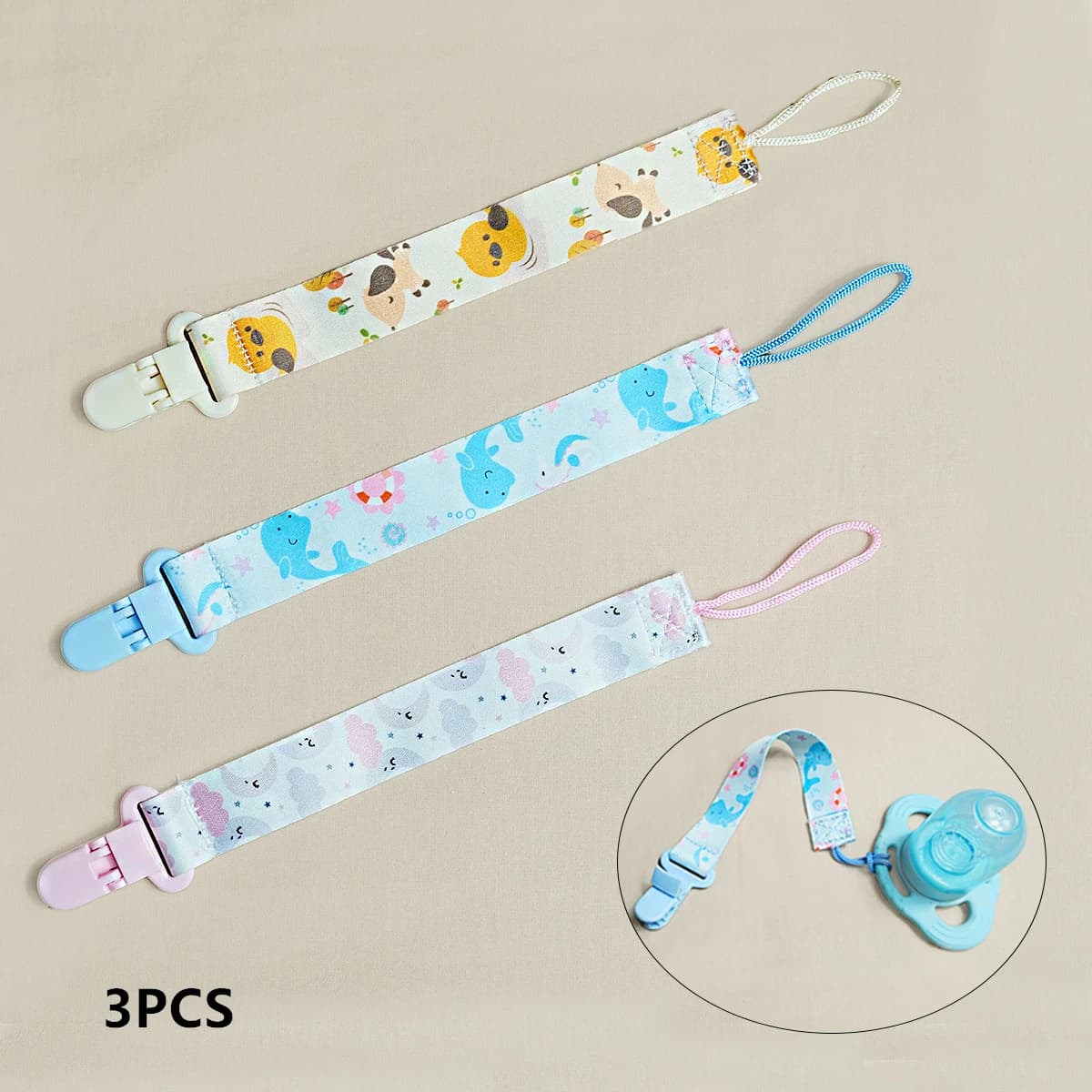 3 pcs cartoon children's pacifier to prevent chain falling; Antique rubber toy rope for children, hanging rope, bottle and nipple clip