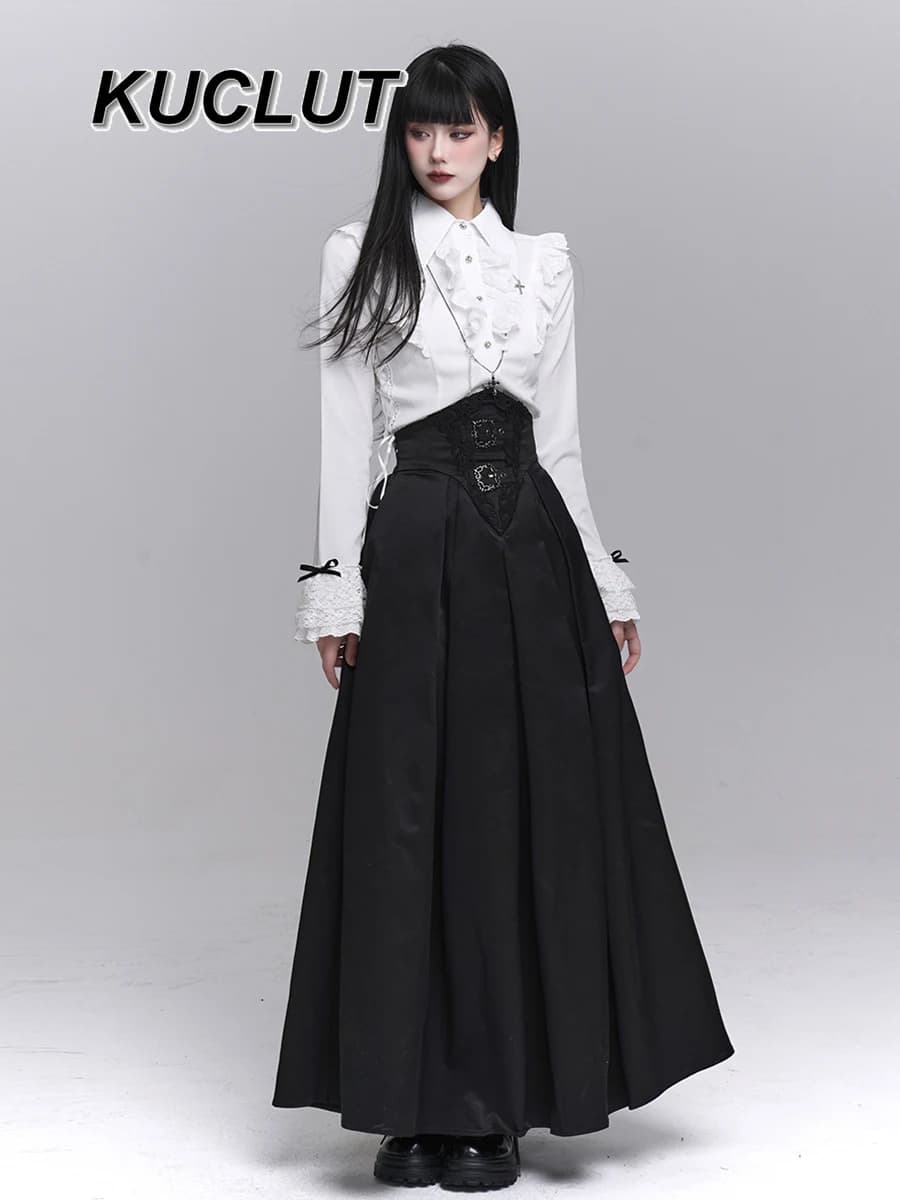 Ragazza Nicchia Gonna lunga nera Subcultura gotica Indossare Freddo Punk Y2k Stile Moda Primavera e autunno Set di top e gonne da donna