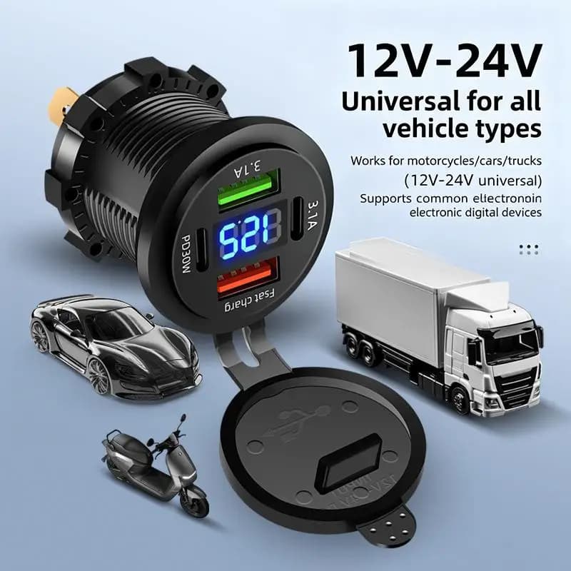 Dual TypeC Dual USB Car Charger Socket 4 Ports Waterproof Quick Charge for Phone Tablet GPS in Vehicle Boat Truck