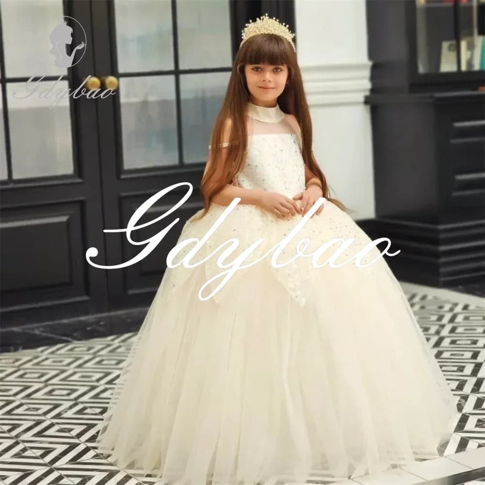 Abito da ragazza di fiore da sposa con ballo lungo da principessa con paillettes Collo alto A Line Piega Classico elegante abito da prima comunione personalizzato