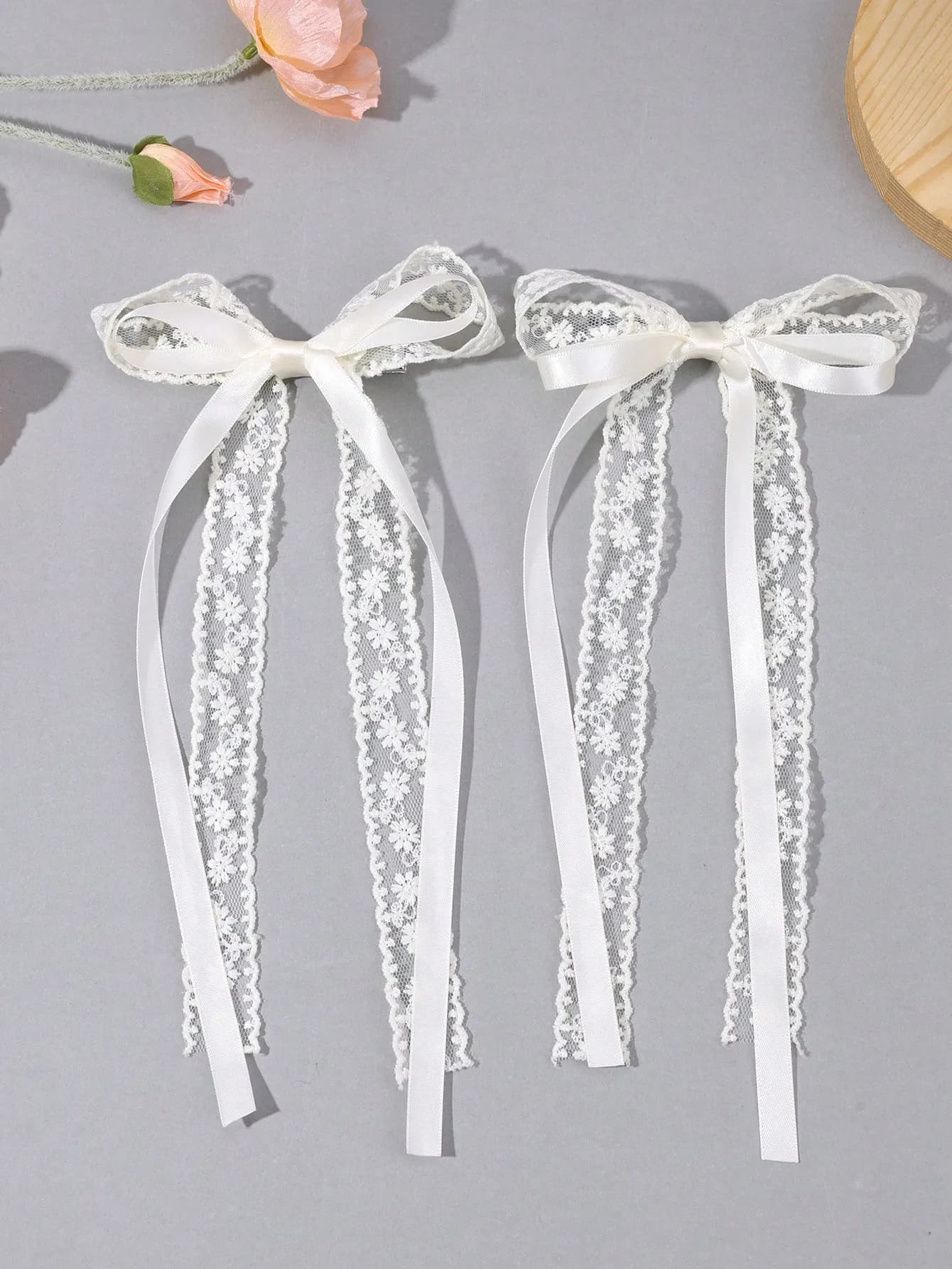 2 fermagli per capelli in pizzo floreale, fermagli a coda di alligatore con fiocco in nastro beige, coda lunga, fermagli eleganti per matrimonio, capelli per la festa della mamma
