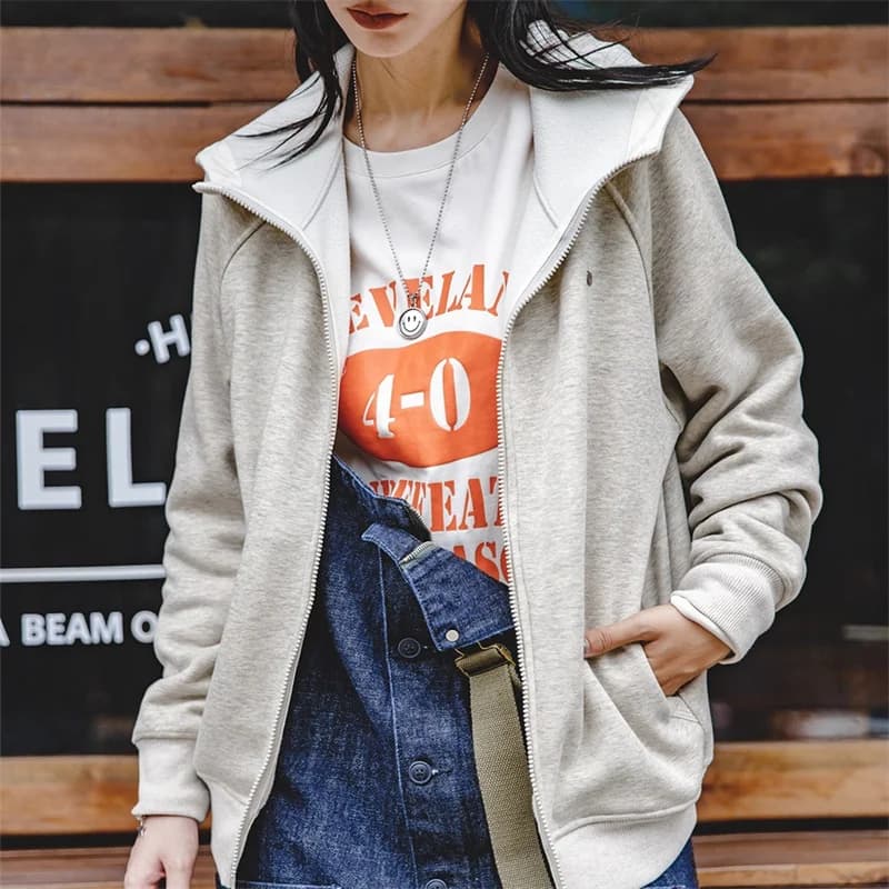 Maden Thickened Fleece Hooded Sweatshirt for Women Autumn and Winter Warm Jacket Loose Comfortable Outercoat Female Gray Jacket