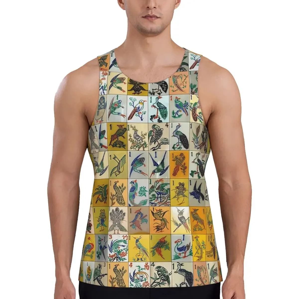 Quick Dry Mah Jongg Birds Mahjong Tiles Gym Tank Muscle Sleeveless Shirt Bodybuilding Breathable Vest