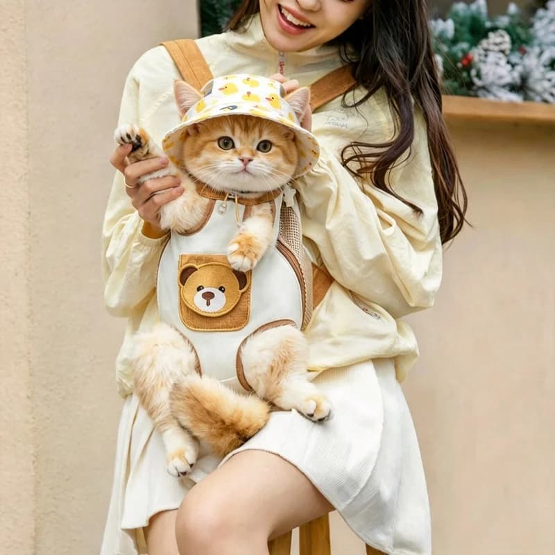 Cute Bear Pet Front Carrier Backpack Breathable Mesh Legs Out Chest Bag for Small Cat Puppy Travel Walking Photo-worthy Carrier