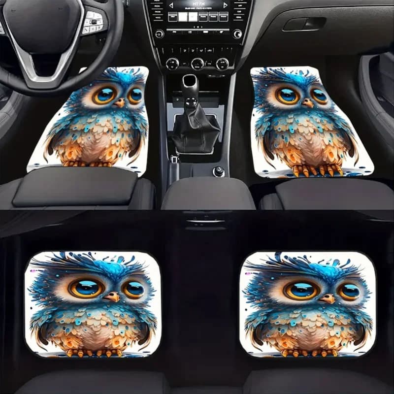 4pcs Owl-Patterned Car Floor Mats | Universal Interior Decoration, Crystal Velvet Anti-Slip Design, Stylish Pattern, Effective H