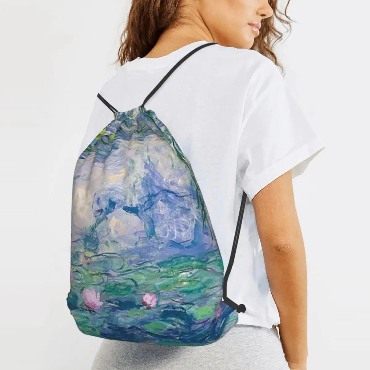 Zaini con motivo Ninfee di Claude Monet, borse multifunzione con coulisse, borse sportive, borse per libri, per studenti e viaggiatori