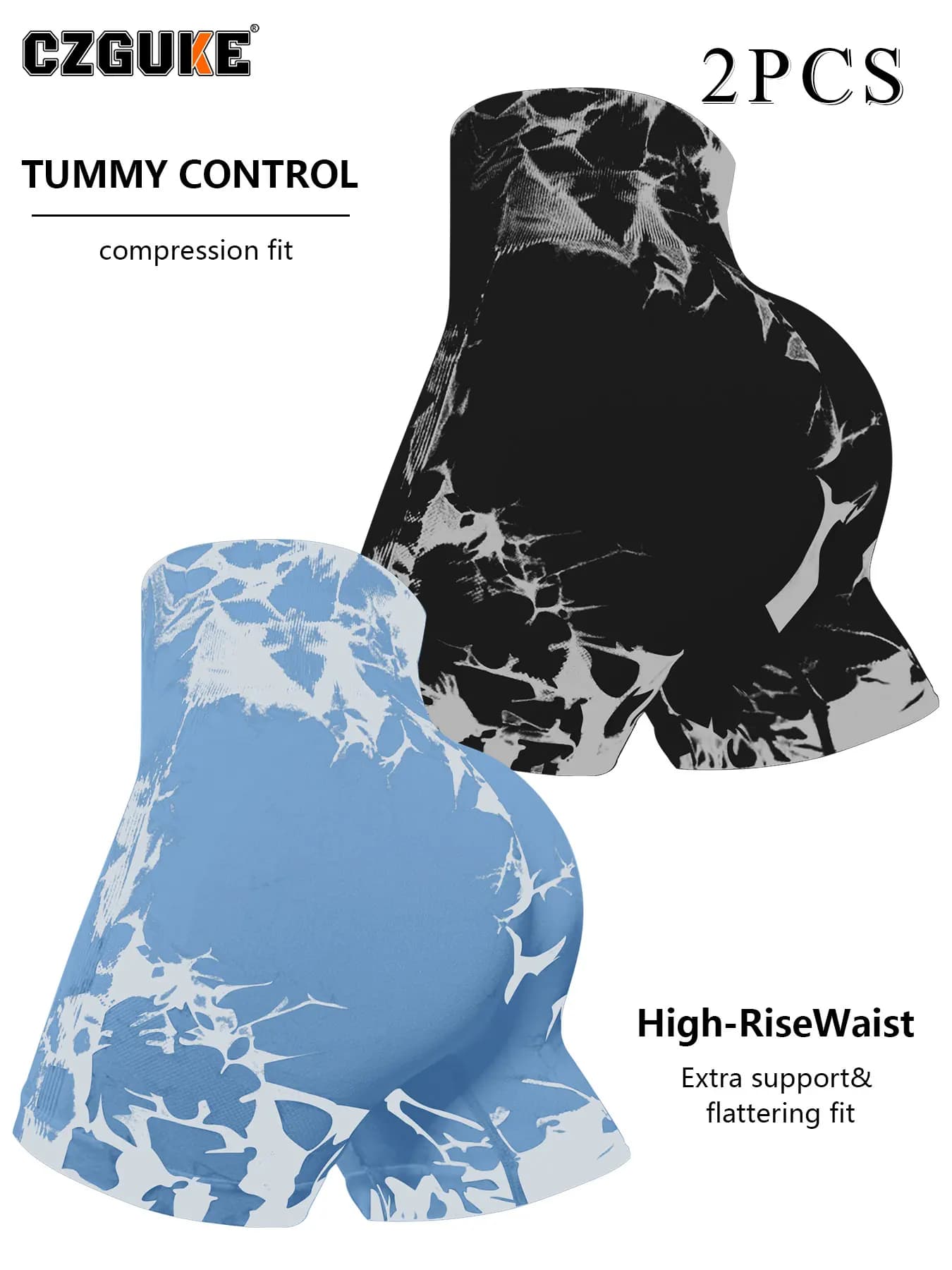 CZGUKE 2-PCS women's seamless sport shorts tie-dye, high waist sexy summer shorts and modelling for yoga, fitness and cycling