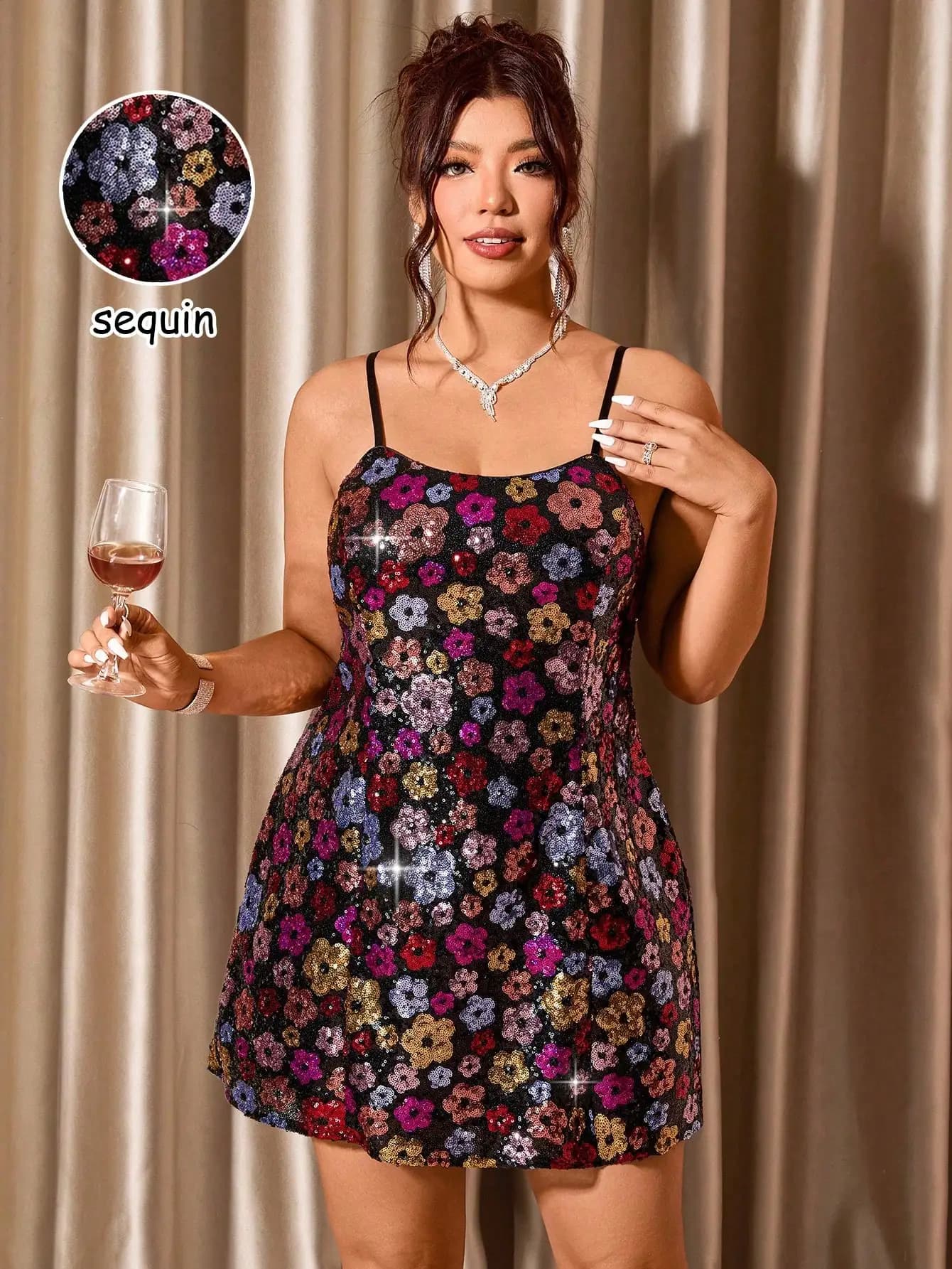 Abito Mini Floreale con Paillettes e Spalline Sottili per Donna, Elegante Vestito da Festa per Eventi Serali