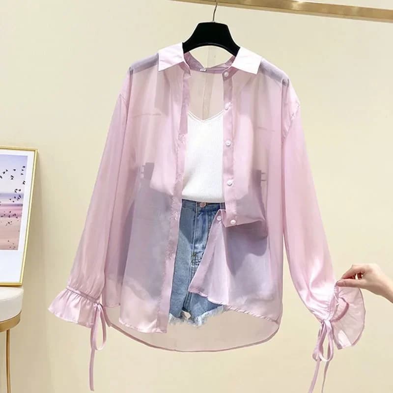 Smvp Camicette in chiffon da donna, camicia estiva sottile e ampia con bottoni, protezione solare, moda coreana, camicie a maniche lunghe con fiocco e lacci