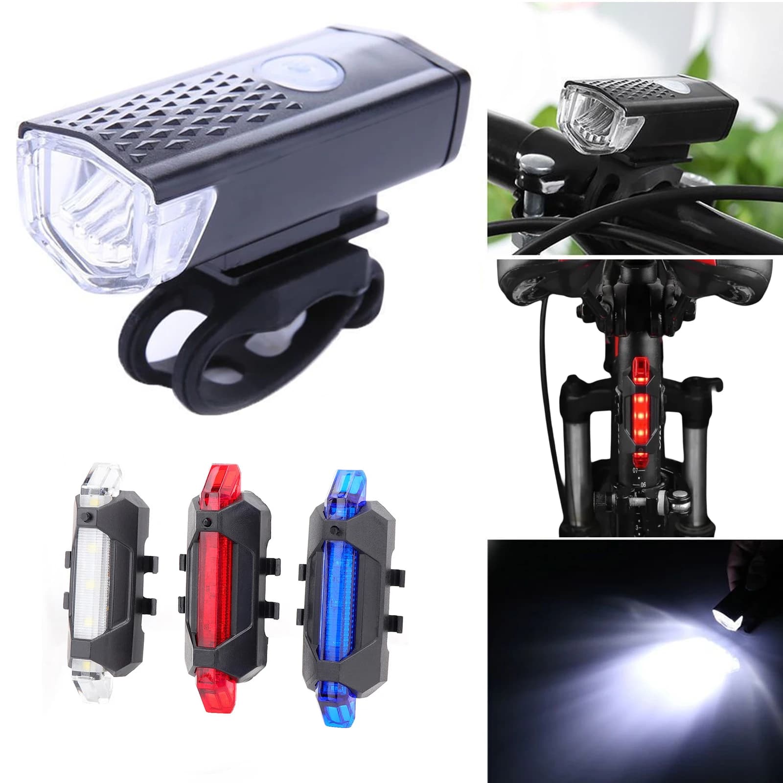 Lampada per Bicicletta USB LED Ricaricabile, Set Anteriore e Posteriore per Mountain Bike, Luce di Avvertimento, Faro, Torcia, Accessori per Bicicletta
