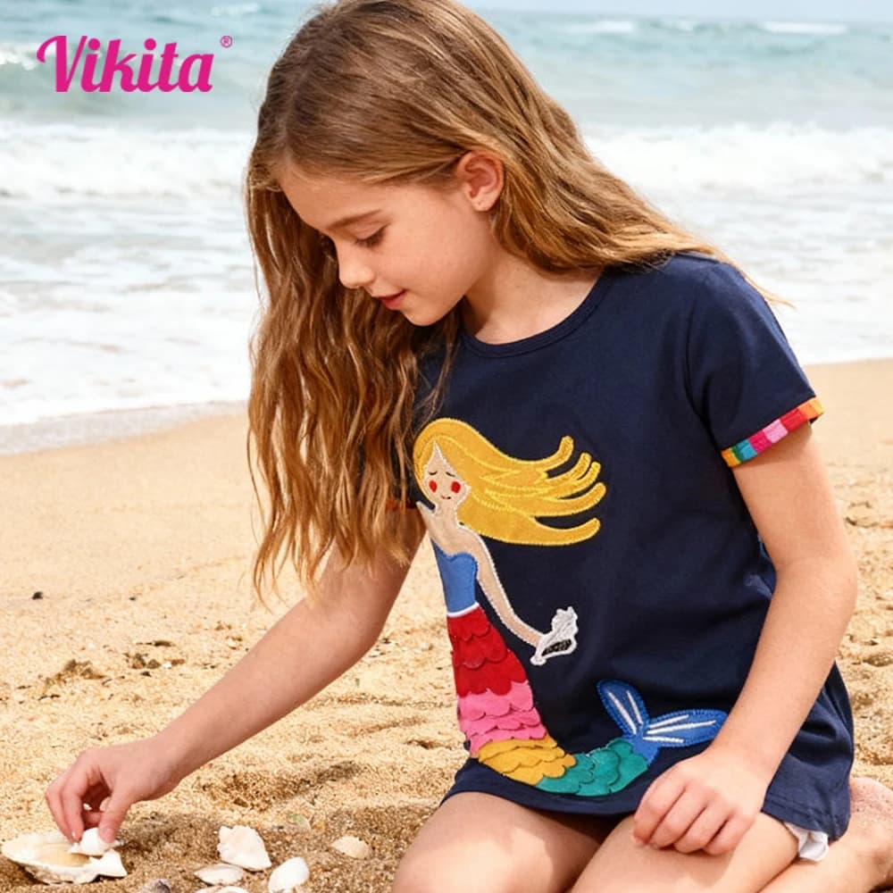 T-shirt per bambini con applicazioni a sirena colorata a maniche corte per bambini T-shirt casual in cotone 100% per ragazze Vacanza al mare Top estivi da indossare