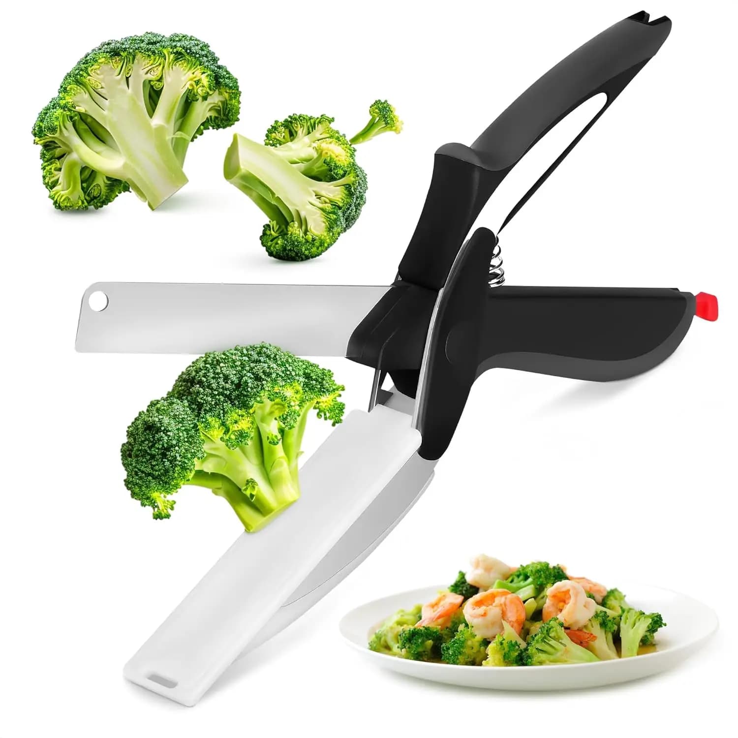 Tagliere 2 in 1 con Forbici e Coltello, Lama in Acciaio Inossidabile per Affettare Verdure e Frutta, Lavabile in Lavastoviglie